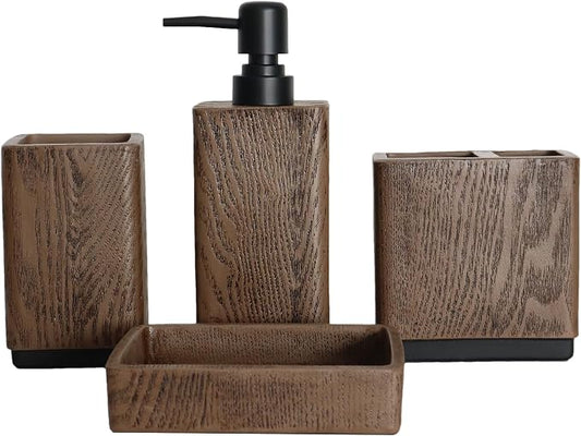 Hymmah Bathroom Accessories Set,Toothbrush Holder Set,4 Pcs Apartment Necessities (Wood Brown)