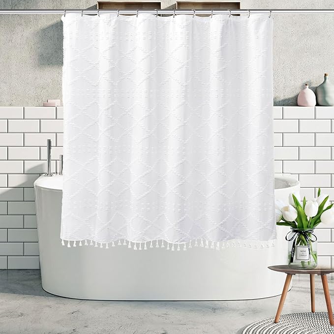 Boho White Woven Fabric Short Shower Curtain with Tassels 72 x 66 Modern Farmhouse Minimalist Tufted Chevron Striped Shabby Chic Textured, Water Resistant Curtain for Bathroom, Hotel Decor