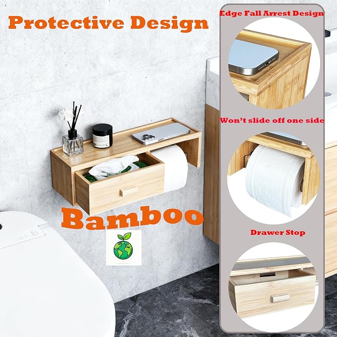 Bamboo Toilet Paper Holder with Shelf,Wall Mount Bathroom Holder with Wet Wipes Storage Drawer(Natural)