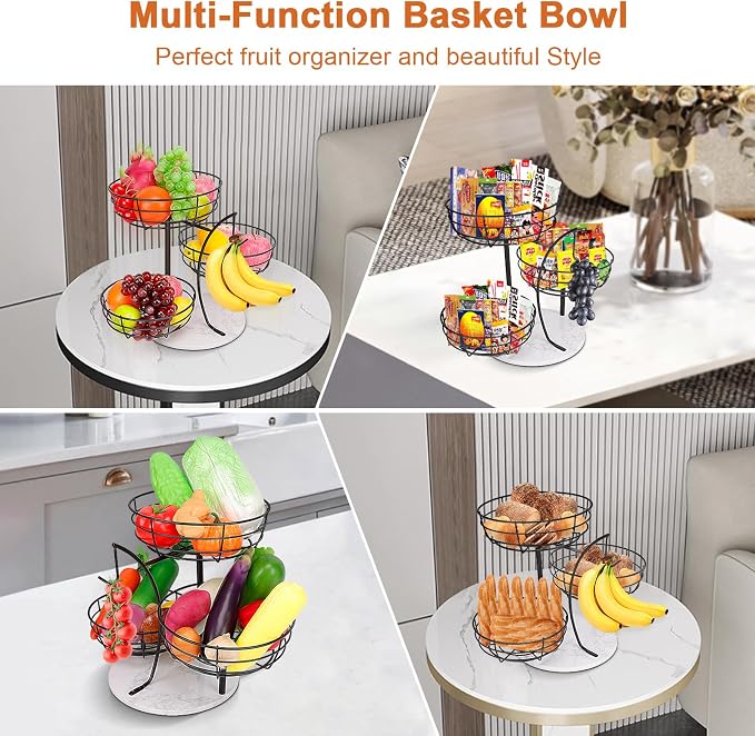 Livabber Fruit Basket Bowl with Banana Hanger, Metal Fruit Vegetable Storage Basket with Banana Holder for Kitchen Counter, Detachable Organizer for Bread Snack Produce (Black, 3-Tier Marble Base)