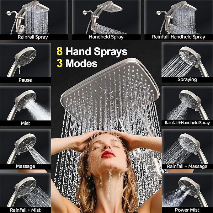 12-Inch High Pressure Rain Shower Head with Handheld Spray Combo, Magnetic | Dual shower heads; one-piece bracket adjusts height and angle; 9 settings: 8 sprays + 1 Power Jet for cleaning; easy install