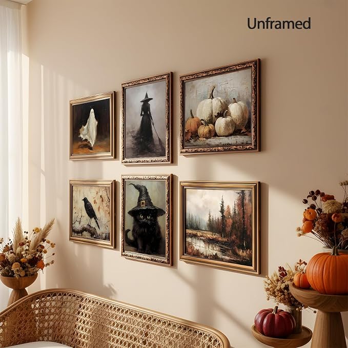 ZYANGZY Vintage Halloween Poster Set of 6, Dark Academia Ghost Wall Art Painting Crow Pumpkin Wall Decor Gothic Wizard Canvas Picture Prints for Farmhouse Mantel Living Room 12x16 inch Unframed