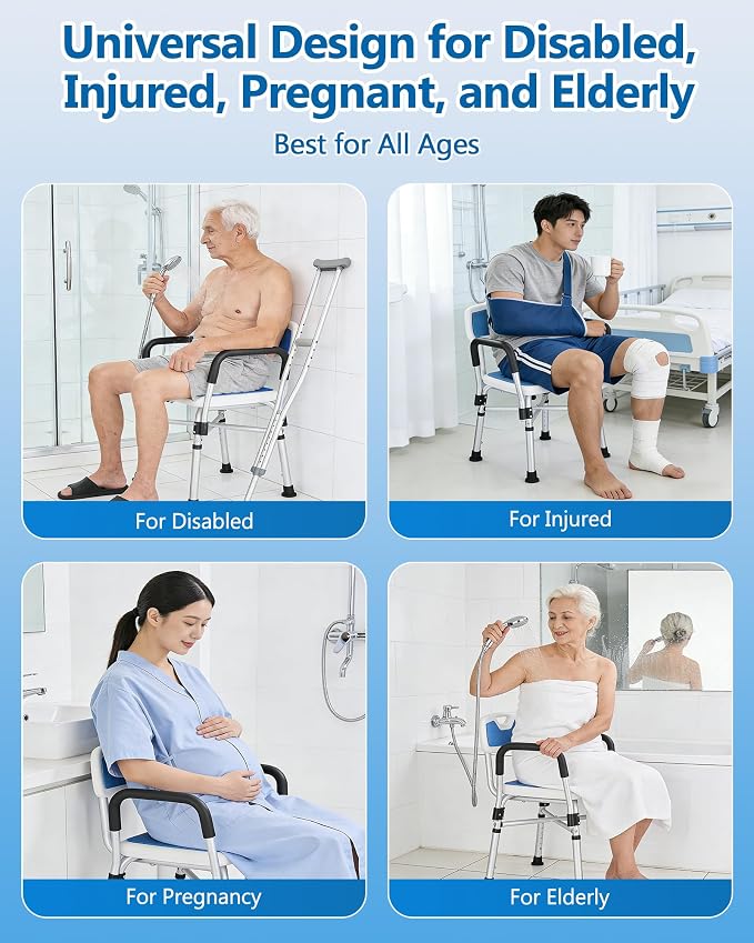 Shower Chair with Back and Arms, 400 lb Capacity | Reinforced Safety Bar, Non-Slip Bath Seat, For Elderly, Adults and Disabled Users