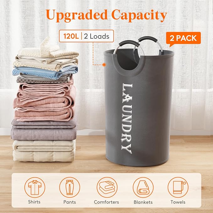 Lifewit 2 Pack 120L Laundry Basket with Aluminum Handles, Grey | Collapsible Large Laundry Hamper, Waterproof Fabric, Freestanding Dirty Clothes Hampers for Dorm, RV, Bedroom, Laundry Room