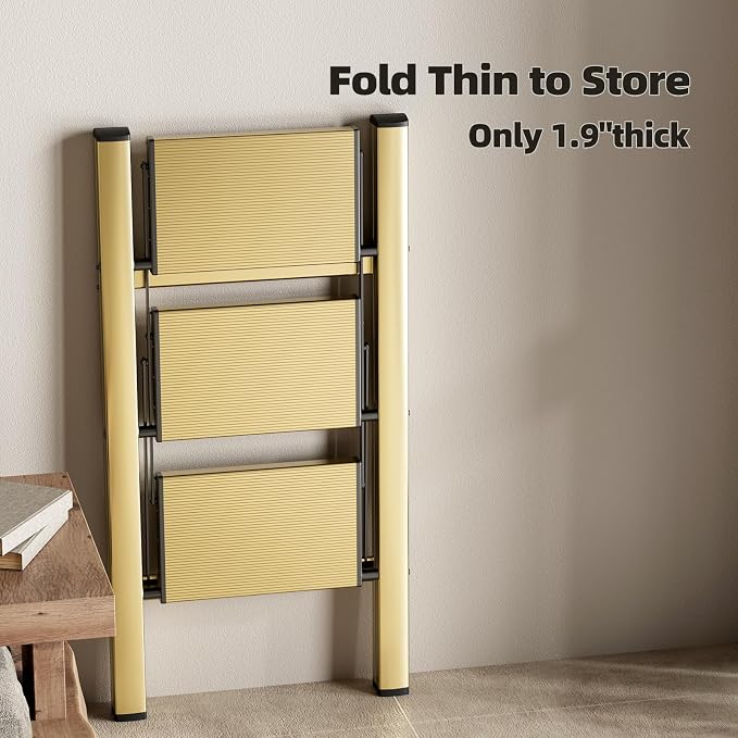 HillhutApex Aluminum Step Stool Foldable,3 Step Ladder (Gold) | Lightweight Portable step ladder with Anti-Slip Wide Pedal,330lbs Capacity Ladder for Household,Office,Kitchen
