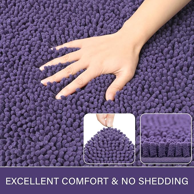 LOCHAS Luxury Bathroom Rug Shaggy Bath Mat 24 x 48 Inch, Dark Purple | Washable Non Slip Bath Rugs for Bathroom Shower, Soft Plush Chenille Absorbent Carpets