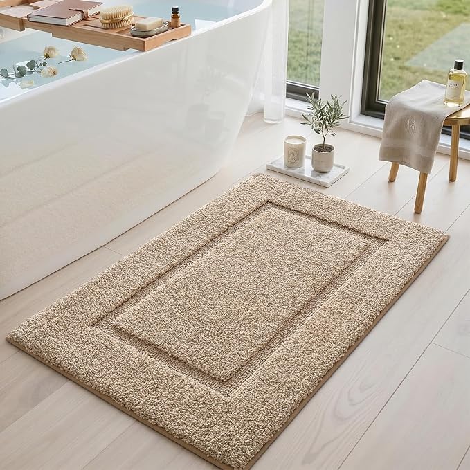 DEXI Bath Mat 24x16, Absorbent and Non Slip Bathroom Rugs, Beige | Soft Plush Microfiber Bathmat, Machine Washable & Quick Dry, Rubber Back Small Rug for Shower, Tub, Sink