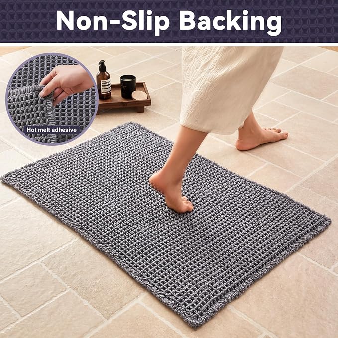 Triohero Waffle Bath Mat, Boho Bathroom Rugs Non Slip, 20x30 Dark Grey | Super Absorbent Quick Dry Bath Rug, Non-Slip Backing, Soft Waffle Washable Farmhouse Bathroom Mats, Tub, Shower & Home Decor