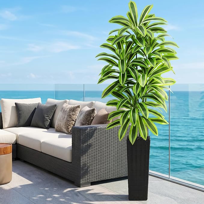 Artificial Yellow Dracaena Tree Indoor, 7FT Tall Fake Floor Plants with Black Planter & Pebbles, Faux Silk Yucca Tree for Home Office Living Room Bedroom Farmhouse Modern Outdoor Topiary Tree
