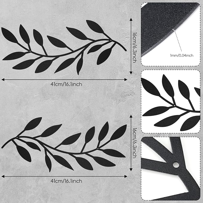 Zhengmy 2 Pcs Metal Leaf Wall Art Vine Branch Decor,Black