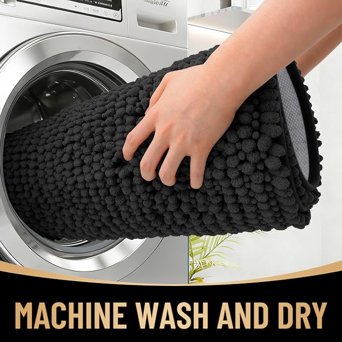 OLANLY Thick Chenille Bathroom Rugs 30x20, Soft Absorbent Bath Mat, Black | Bath Rugs, Rubber Backing, Machine Wash Dry, Bath Mats for Bathroom Floor, Tub and Shower, Home Decor Accessories