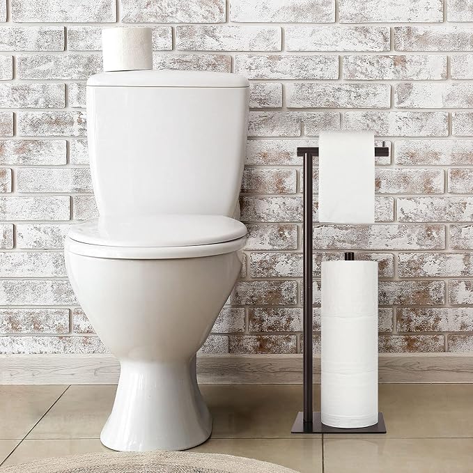 OYEAL Metal Toilet Paper Holder Stand Freestanding TP Holder with Storage | Floor Standing Toilet Paper Roll Dispenser for Bathroom Storage Holds Reserve Mega Rolls, Brown