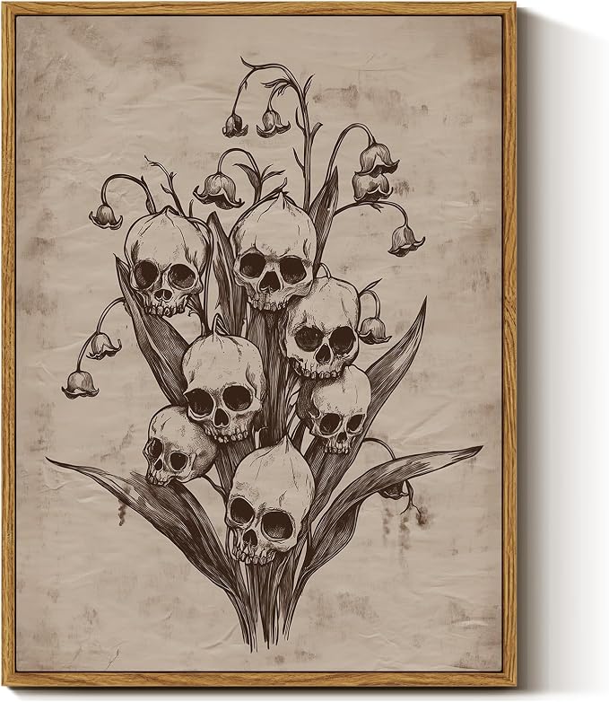InSimSea Framed Canvas Prints Art Vintage Decor, Gothic Skull Flowers Painting, Rustic Dark Academia Wall Art for Bathroom, Halloween Living Room Witchy Room Wall Cottagecore Decor, 12x16inch