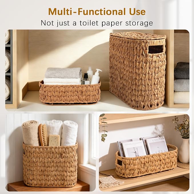 Livole 2-in-1 Wicker Toilet Paper Storage Basket with Lid, Natural | Holds Up 16 Regular Rolls, Slim Hand-Woven Plastic Rattan Waterproof Toilet Paper Organizer for Bathroom