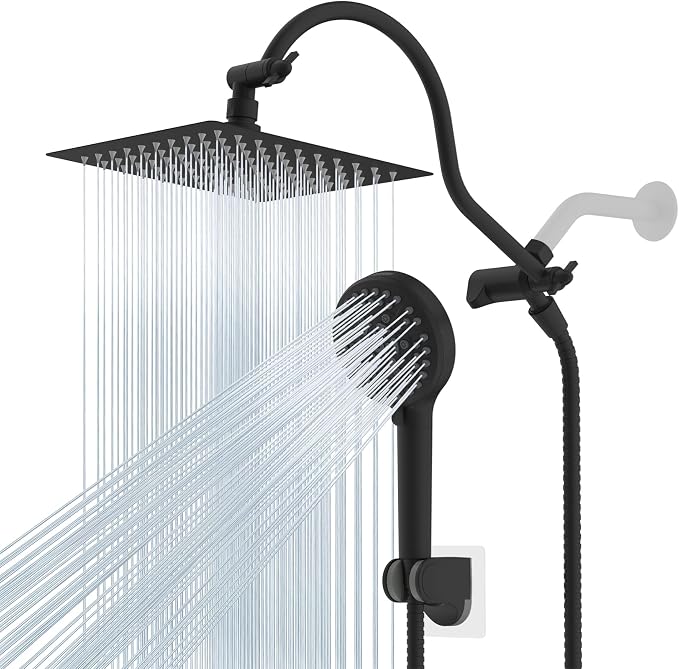 Hibbent All Metal CUPC Certified Shower Head, 8'' High Pressure Rainfall Shower Head, Handheld Showerhead Combo, 12'' Adjustable Extension Arm, 10 Sprays, 71'' Hose, Shower Holder, Matte Black