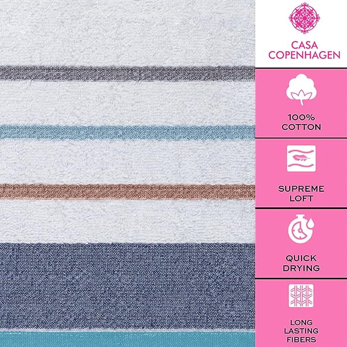 CASA COPENHAGEN 6pcs Bathroom Towel Gift Set, 600GSM,White - Denim | White Bay 100% Egyptian cotton ,2Bath 2Hand 2Washcloths, Towels for Bathroom. (Gift Set for Women & Men)