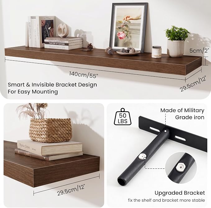 Fun Memories 55 Inch Floating Shelves for Wall - 12 Inch Deep Fireplace Mantel Shelf - Wood Floating Shelf for Wall - Large Storage Shelves Wall Mount for Living Room & Bedroom - Walnut - Set of 2