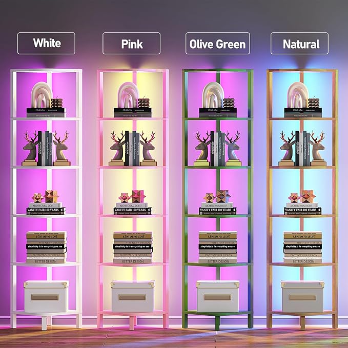 TUTOTAK Corner Shelf with LED Light, 6-Tier Corner Bookshelf | for Small Space, Narrow Display Corner Shelf Stand with Storage Rack, for Living Room, Bedroom, Pink BS08BP006L
