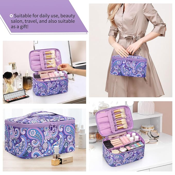 Makeup Bag - Portable Large Capacity Travel Cosmetic Case for Women with Handle and Divider Toiletry Organizer for Girls on the Go -Purple