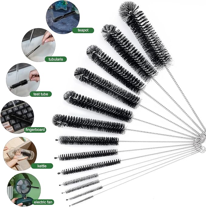 CiaraQ Bottle Cleaning Brushes, 8 Inch Nylon Tube Brush Set | Black Cleaner for Narrow Neck Bottles Cups with Hook, Set of 13pcs