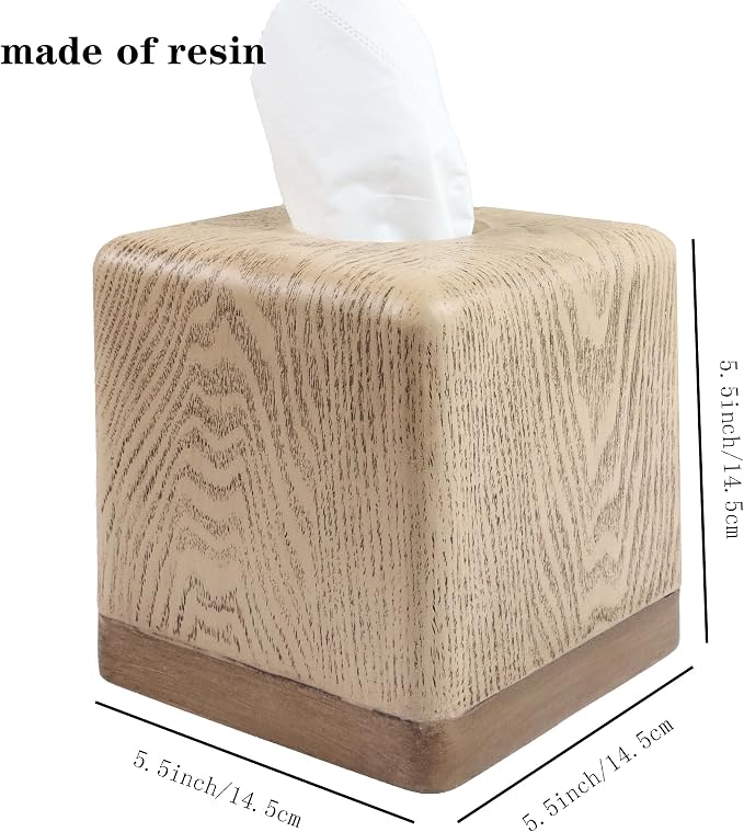 Hymmah Wooden Texture Square Tissue Box Cover Cube Tissue Holder Unique Design Klenex Box Dispenser for Bathroom Vanity Counter Tops Also Great for Bedrooms and Living Rooms