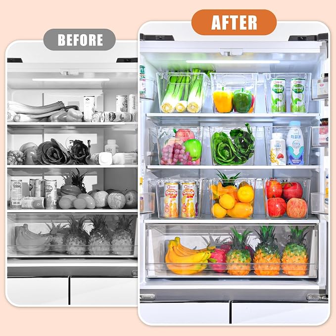 Freebat 12 Pack Pantry Organization and Storage,Clear Plastic Storage Bins | Large, Cabinet Organizer, Clear Plastic Storage Containers with Handle,Acrylic Storage Bins for Cabinet, Fridge