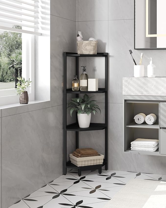 Hzuaneri Corner Shelf Stand 4-Tier Corner Bookshelf Storage Standing Shelf | Bookcase Plant Stand with Metal Frame for Living Room, Home Office, Bedroom, Black CS05806B