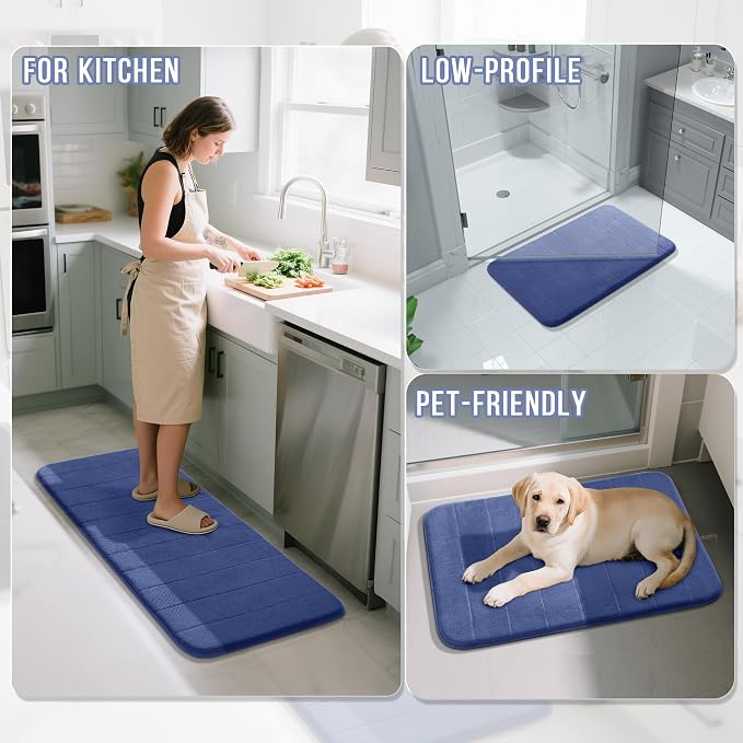 Yimobra 3 Pieces Memory Foam Bath Mat Set with U-Shaped Toilet Rug - Non Slip Super Soft Absorbent Quick Dry Bathroom Rugs for Bathtub, Vanity & Toilet Base, Navy Blue