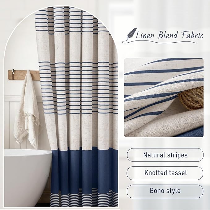 Navy Blue Coastal Ocean Linen Striped Shower Curtain with Tassel 48W X 72L | Boho Farmhouse Shower Curtains with Linen Texture for Bathroom Decor