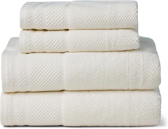 Texere 100% Organic Cotton Rice Weave Jacquard 700 GSM Luxury Bath Towel Sets - Ultra Soft and Absorbent Hotel and Spa Quality (Rice Weave, Cream, 2 Bath & 2 Hand Towels)