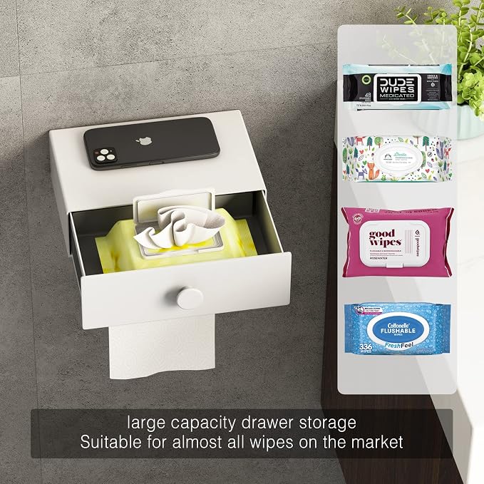 VOLDRA Toilet Paper Holder with Shelf White Wipes Dispenser for Bathroom Toilet Paper Holder with Storage Upgrade Drawer Design Toilet Tissue Holder Adhesive Small Bathroom Shelf Wall Mount