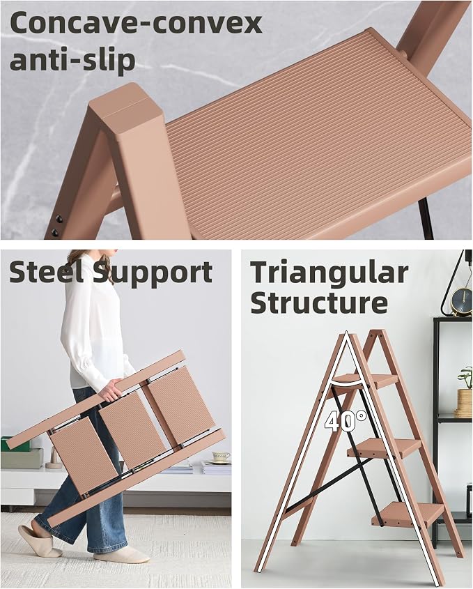 HillhutApex 3 Step Stool Foldable Ladder,Aluminum Step Ladder | Folding Lightweight Stable Stool with Wide Non-Slip Pedals, 330lbs Bearing Capacity Ladder for Office,Home,Kitchen-Light Pink