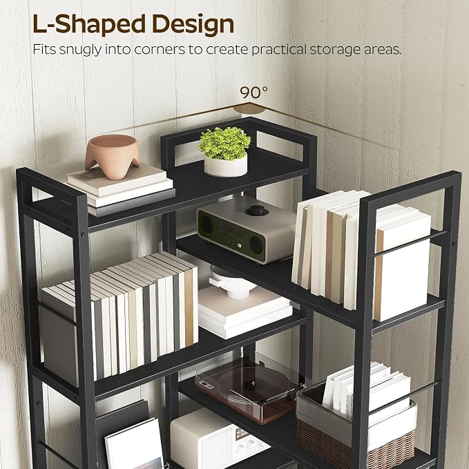 Corner Bookshelf, 7 Tier L-Shaped Bookcase with 3 Drawers, Storage Corner Shelf, Freestanding Tall Display Shelf, Industrial Style, for Living Room, Home Office, Black SJ10BB