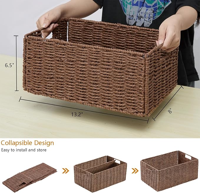 Wicker Storage Basket, Set of 2 Hand-Woven Paper Rope Wicker Basket, Small Storage Baskets for Organizing Toilet Paper, Foldable Large Cube Storage Organizer Bins for Shelves (Brown)