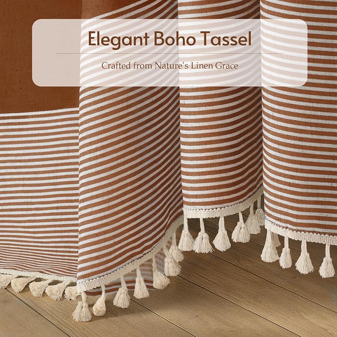 Fall Orange Boho Linen Striped Shower Curtain with Tassel 72"W X 72"L | Boho Farmhouse Shower Curtains with Linen Texture for Bathroom Decor
