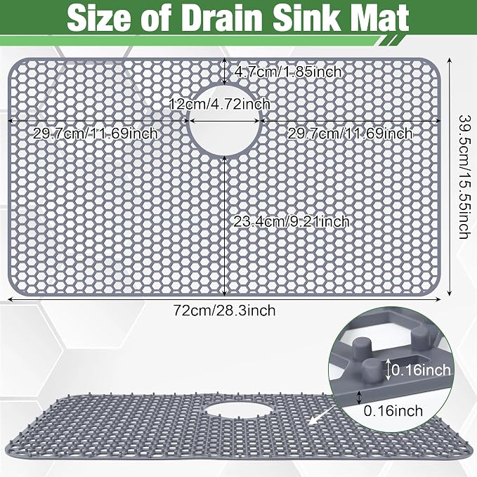 Sink Protectors Mat - 28.3"x15.55" Kitchen Sink Pad for Bottom of Basin for Protection of Stainless Steel and Tableware, Farmhouse Rubber Basin Mat Protector with Rear Drain - Light Gray