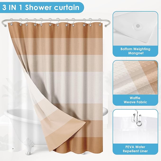 3 in 1 Shower Curtain and Liner,72 x 72 inch, Ombre Beige | Striped Shower Curtain and PEVA Liner Set with 12 Rust-Resistant Metal Hooks, Waterproof Fabric Curtains for Bathroom