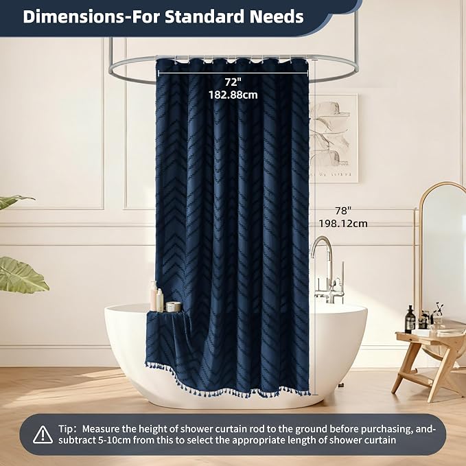 Siiluminisoy Extra Long Boho Navy Blue Shower Curtain, Woven Fabric Shower Curtain, Tufted Chevron Striped, 72 x 78, Modern Chic Textured Minimalist Bathroom Cloth Shower Curtains