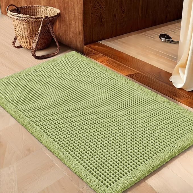 Waffle Bath Mat Sage Green 36"x24", Boho Woven Modern Bath Mat Rugs, Absorbent Non Slip Bathroom Rugs, Soft Washable Bath Rugs with Tassels for Bathroom, Bedroom, Kitchen, Shower, Tub