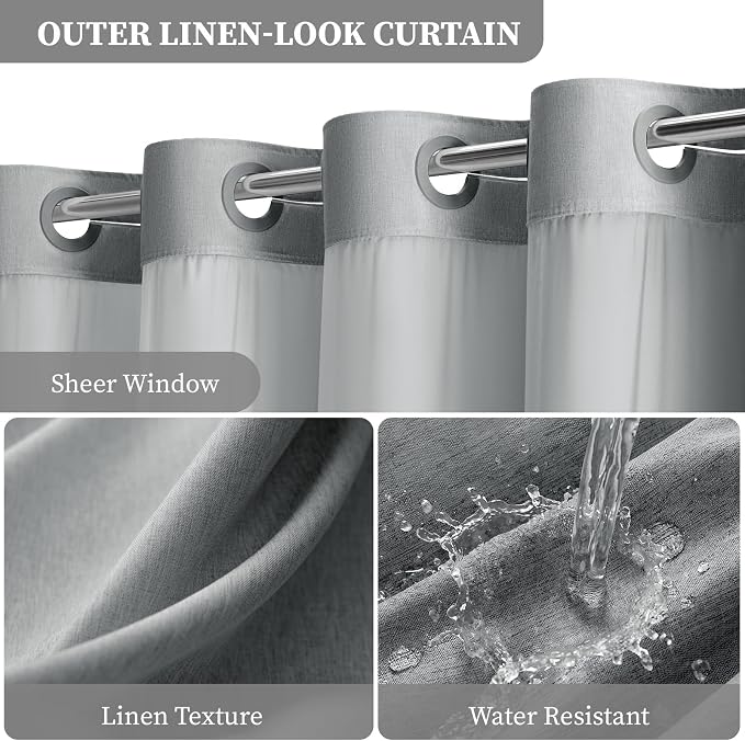 72x81 Ringless Linen Textured Shower Curtain with Snap in Liner, Grey | Tall Size, 3 in 1 Shower Curtain Set, Removable Liner, Waterproof & Washable, Mesh Top Window, Durable Fabric, Easy Setup
