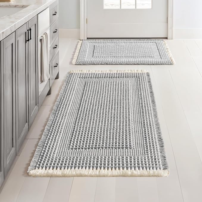 MIULEE Set of 2 Waffle Bathroom Rugs Lightgrey & Cream 17x24+18x30 in | Boho Looped Design, Super Absorbent, Non Slip, Washable, Ultra Soft, Rubber Backed, Bathroom Mats for Floor Tub Shower