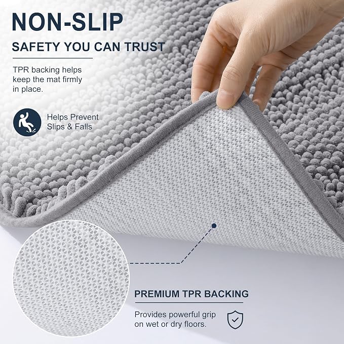 Smiry Thick Chenille Bathroom Rugs 36x24, Soft Absorbent Bath Mat, Grey | Quick‑Dry & Machine Washable, Non‑Slip Bath Carpet, Striped Bath Rugs for Tub & Shower, Modern Home Decor Accessories