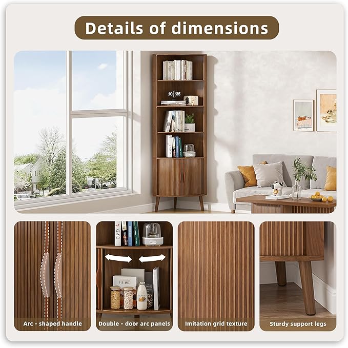 66'' Tall Corner Bookshelf with 2 Fluted Sliding Doors,Walnut | 5-Tier Corner Shelf, 5 Shelf Bookcase,Mid-Century Modern,Freestanding Display Storage Organizer for Living Room,Office