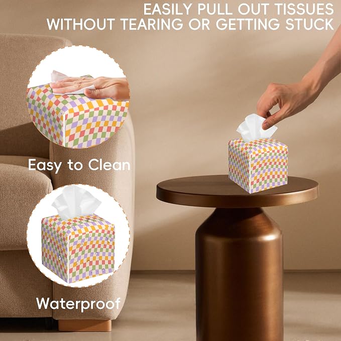 Tissue Box Cover Leather Tissue Box Holder Cube Tissue Case Cover Facial Paper Organizer Dispenser for Bathroom, Vanity Countertop, Office Desk (Wavy Checkered)