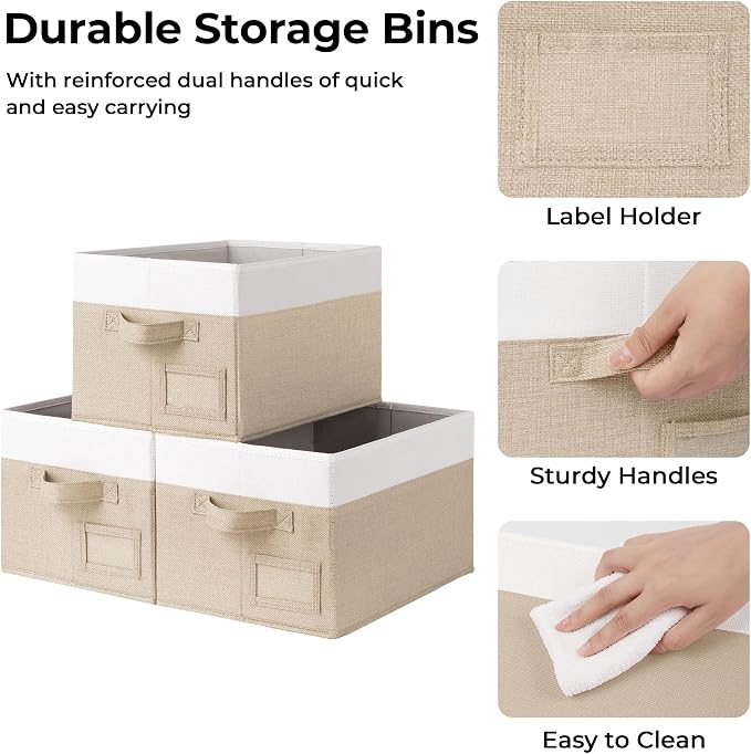 GRANNY SAYS Closet Storage Bins with Label, Khaki&Ivory, Medium, 3-Pack | Closet Storage Bins, Storage Baskets for Closet, Fabric Bins for Clothes, Closet Organizer Bins, Clothes Storage Organizer