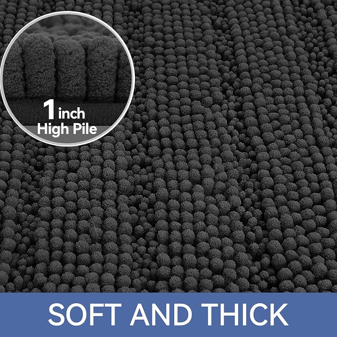 Bcoimo Bath Rug Mat,36x24 Chenille Non Slip Black Bathroom Floor Shower Mat | Extra Soft Bathroom Rugs;Non Slip with Rubber Backing Bath Mats;High Absorbent And Quick Dry Microfiber mat; Machine Washable