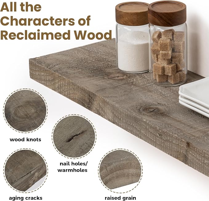 48 Inch Fireplace Mantel Shelf - 8 Inch Deep Rustic Solid Reclaimed Wood Floating Shelf, Wall Mounted Farmhouse Display Shelf with Invisible Heavy Duty Metal Bracket, Set of 2, Cement Grey