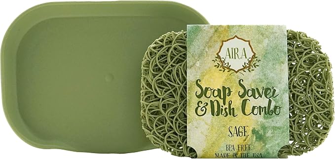 Aira Soap Saver - USA Made BPA Free Shower & Bath Holder - Drains Water, Circulates Air, Extends Soap Life - Fits All Dish Sets - Sage Combo