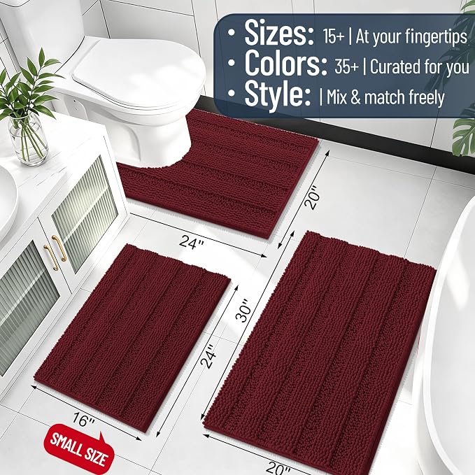 Smiry Chenille Bathroom Runner Rugs 44x24, Soft Bath Mat, Andorra Red-Brown | Quick‑Dry & Machine Washable, Non‑Slip Bath Carpet, Thick Striped Bath Rugs for Tub & Shower, Modern Home Decor Accessories