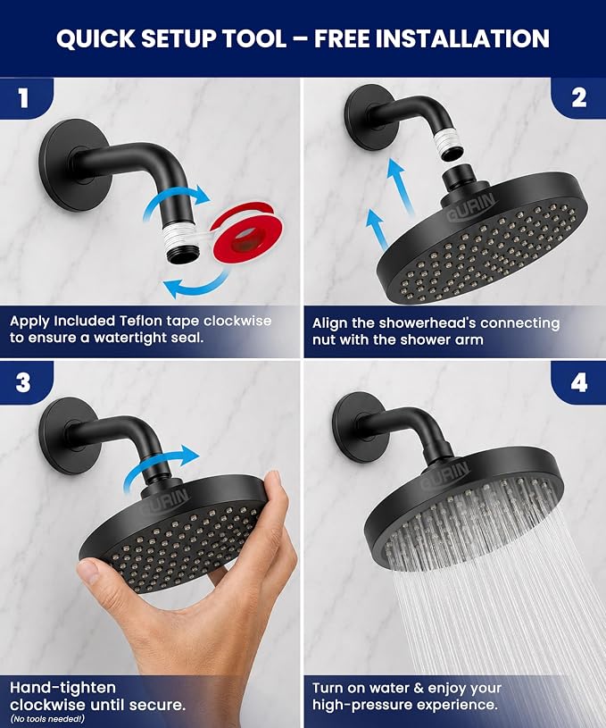 Shower Head - Luxury Matte Black Finish - Rain Showerhead 6 Inch | High Pressure Shower Heads with Adjustable Angles, 90 Anti-Clog Nozzles, Tool-Free 1-Min Install